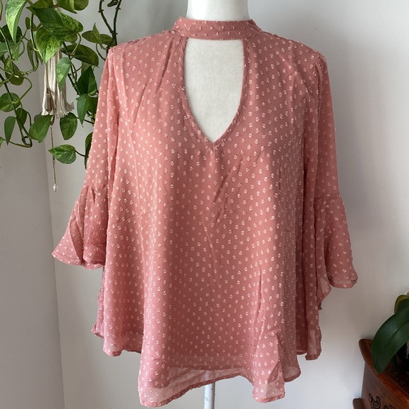 Band of Gypsies Tops - NWT Band of Gypsies Bell Sleeve French Dot Tie Neck Pink Blouse Top Small